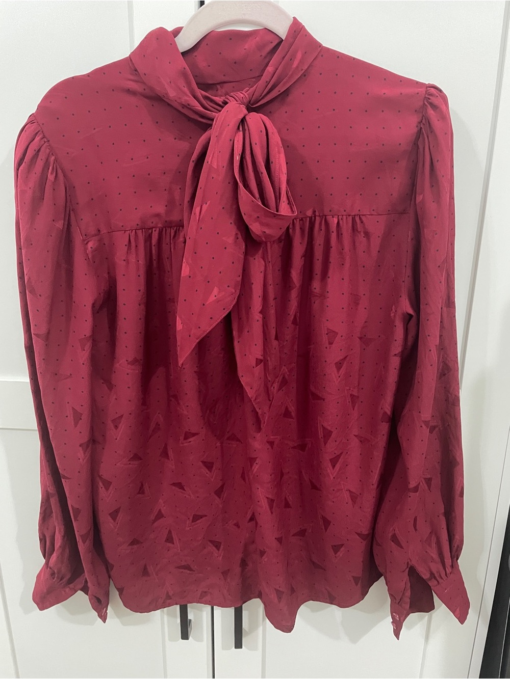 Vintage 80s Mark Shale Silk Bow Tie Neck Blouse Burgundy Geometric Size 10